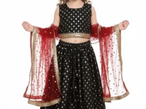 This stunning black and gold lehenga set is perfect for special occasions. The outfit features a