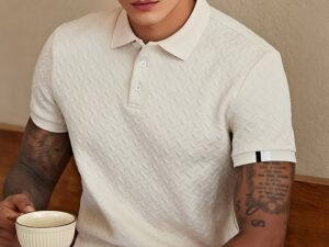 Men's Casual Short-Sleeve Polo Shirt - Breathable Geometric Knit Fabric with Button Placket,