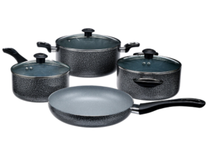 HOMEWAY 8-Piece Marble Coating Die-Cast Cookware Set, Non-Stick Frying Pan, Saucepan, Casserole with Glass Lids HW3700