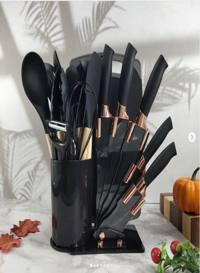 19-Piece Kitchen Knife Set & Silicone Cooking Utensil Set with Wooden Handles | Non-Stick Heat Resistant Kitchen Tools, Chef Knives, Cutting Board, Utensil Holder & Knife Block Organizer - Image 4