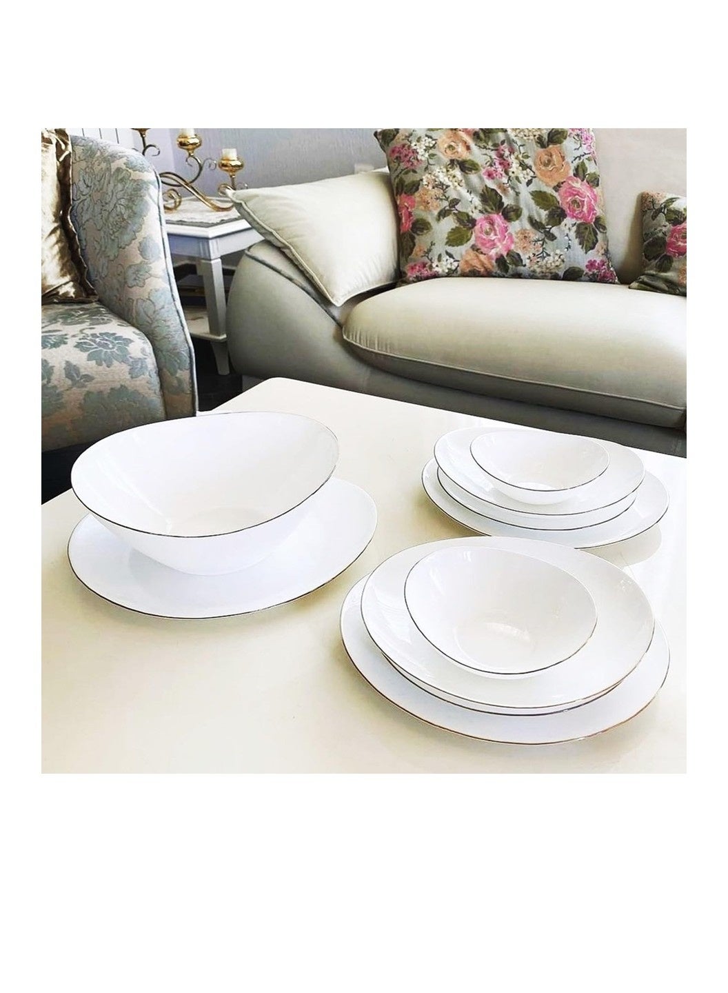 Houzi 20 Pcs Gold line Opal ware Dinner set 6 x dinner plate 6 x dessert plate 6 x bowl 1 x serving bowl 1 x serving plate - Image 6