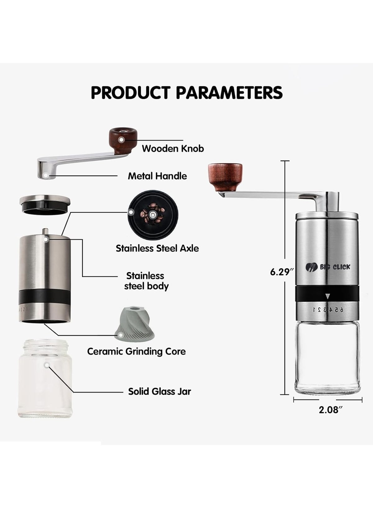 Portable Coffee Grinder, Coffee Bean Grinder with Adjustable 6 Gears for Espresso, French Press and Drip Coffee, Manual Coffee Grinder Suitable for Home, Office, Traveling, Camping - Image 4
