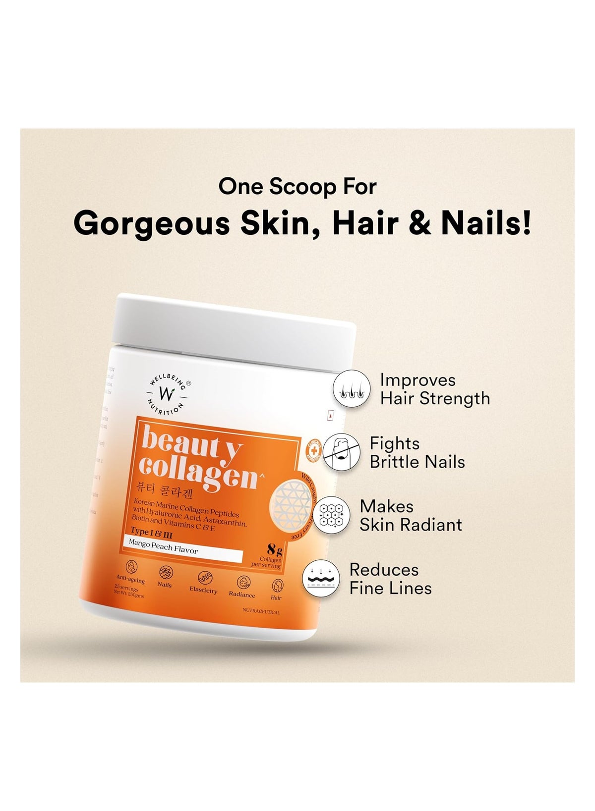 Korean Beauty Marine Collagen Skin Radiance Peptides 8g | Biotin, Vitamin C, E, Hyaluronic, Astaxanthin | Clinically Proven Healthy Skin, Hair & Nails | Mango Peach powder, 250gms - Image 2