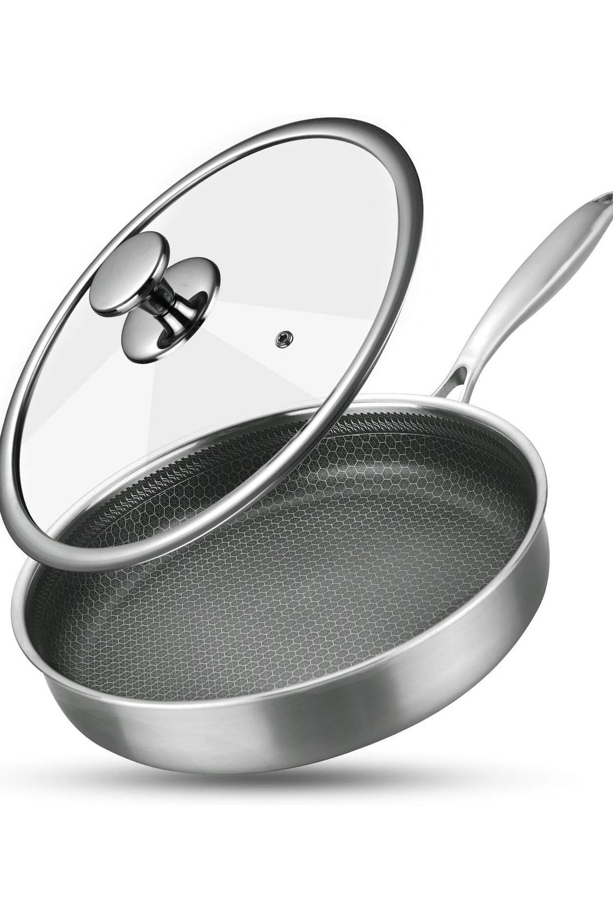 Stainless Steel Frying Pan with Lid 28cm, Wok Pan Hybrid Tech Sauté Pans Nonstick, Skillet, PFOA Free,(Dishwasher/Induction/Gas/Electric