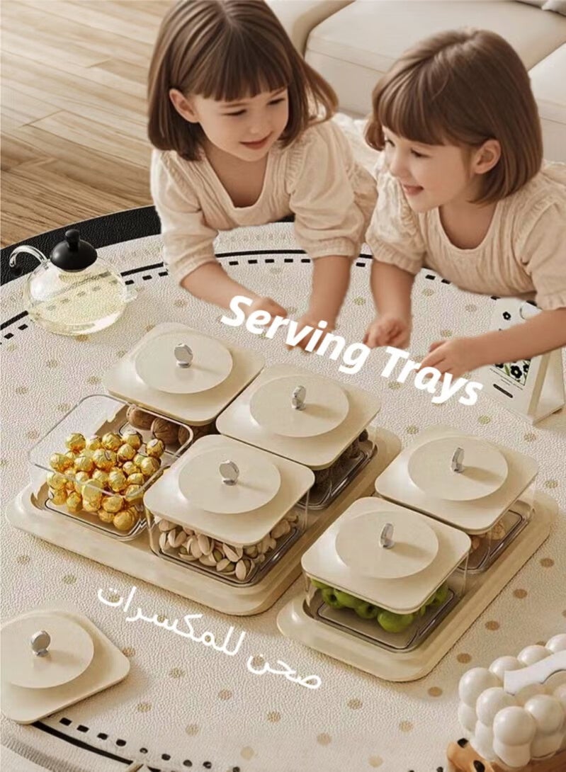 Elegant Creamy White Serving Tray Set with 4 Lidded Nut Containers & Dessert Plates - Multi-Purpose Snack Organizer for Fruits, Nuts, Sweets | Ideal for Home Hospitality, Parties, Festive Gifts - Image 2