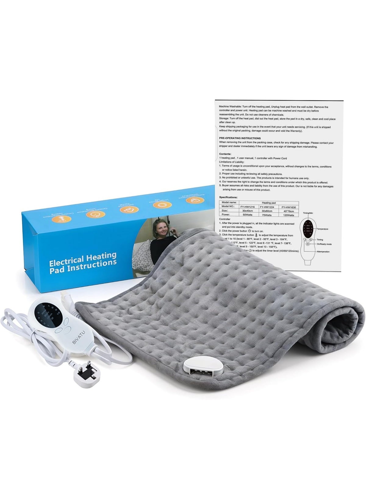 BIVATU Electric Heating Pad – 6 Temperature Levels, Auto Shut-Off, 87-Inch Power