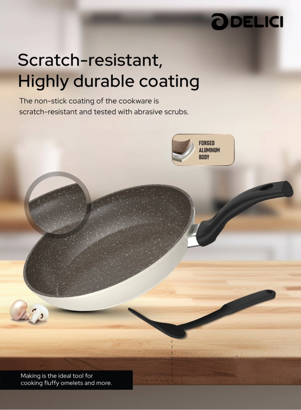 Delici 8 Pcs Forged Granit Forged Aluminum Cookware Set (NFCS8BG) – Granite Finish Interior, Tempered Glass Lids, Induction Base, Stylish Black Bakelite Handles, Brown PTFE Coating with White Dots, Beige Heat-Resistant Exterior, Strong Welded Connection – Saucepan, Casseroles, Frypan & Nylon Spatula - Image 3