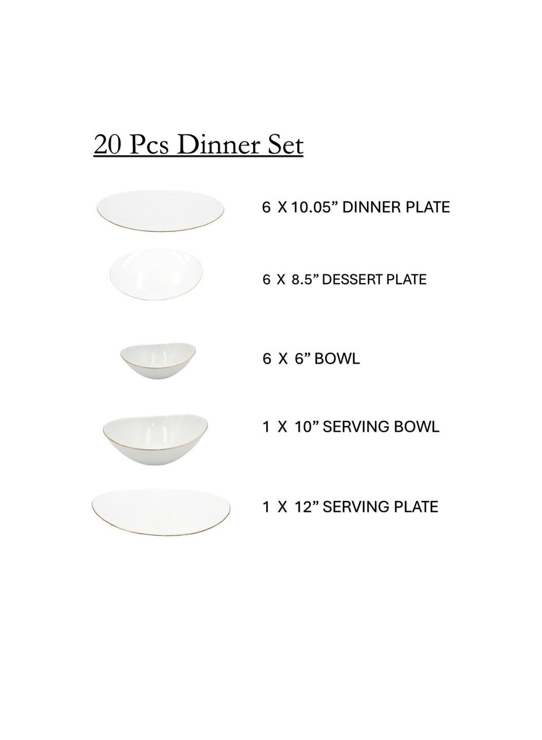 Houzi 20 Pcs Gold line Opal ware Dinner set 6 x dinner plate 6 x dessert plate 6 x bowl 1 x serving bowl 1 x serving plate - Image 2