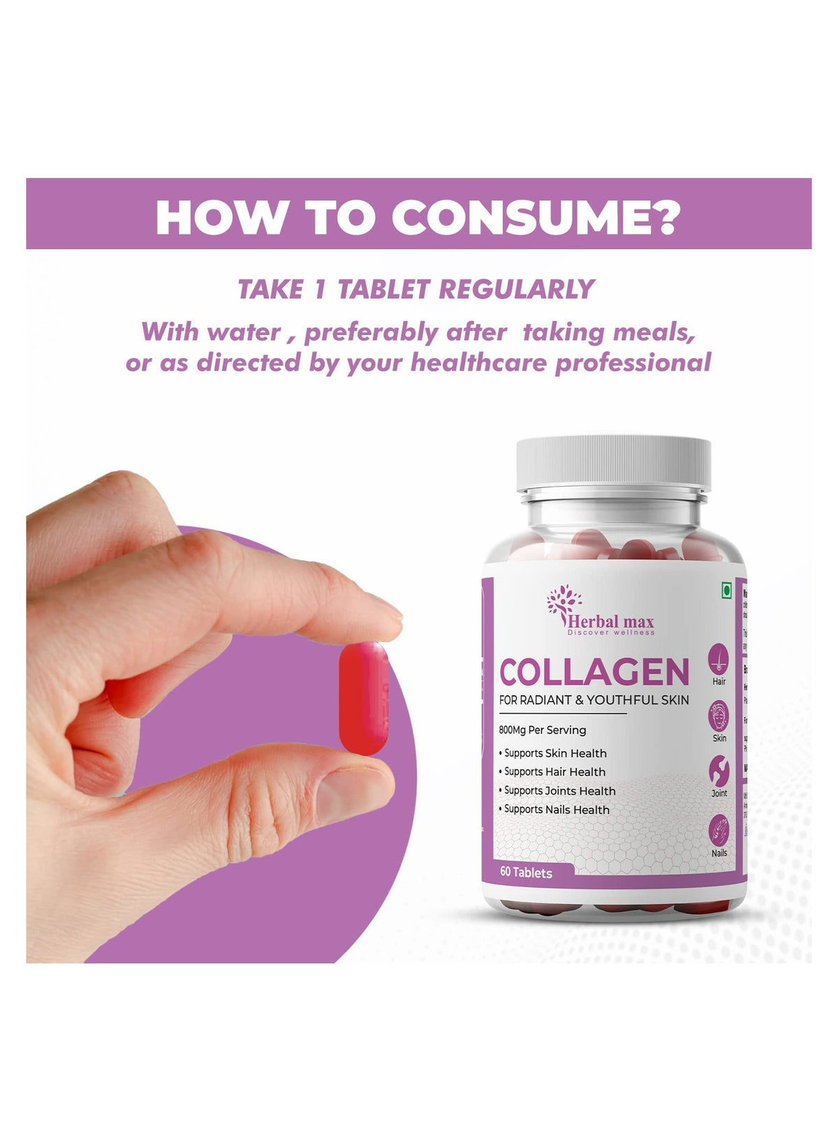 Herbal max Collagen 60 Tablets 800Mg - Supports Skin, Hair, Joints and Nail Health - Image 4