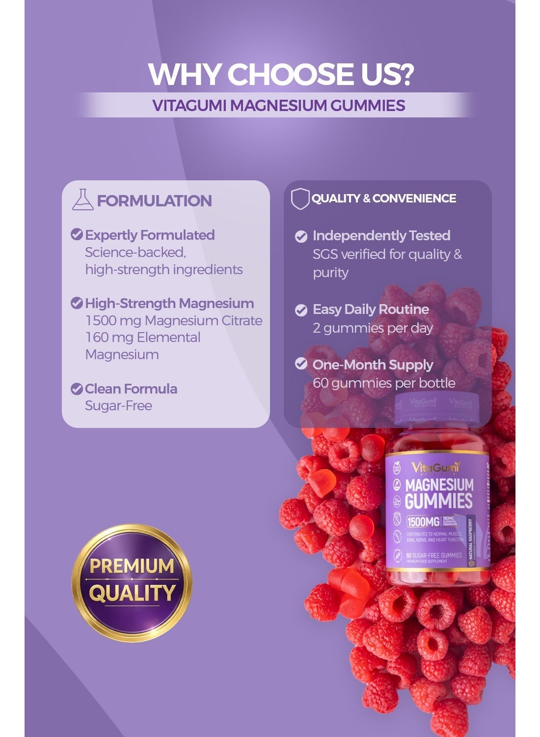 VitaGumi Nutrition Magnesium Gummies | High-Strength 1500mg Magnesium Citrate (160mg Elemental) | Vegan, Sugar-Free & Halal | Natural Raspberry Flavour | 60 Gummies | 1-Month Supply | Third-Party Tested - Image 5