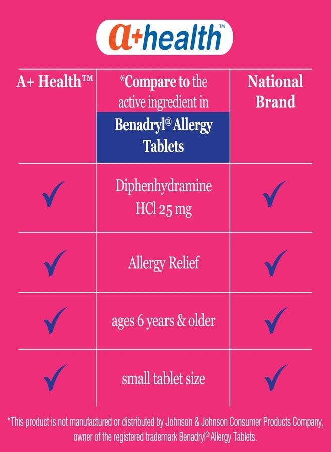 A+Health Allergy Relief Diphenhydramine HCl 25mg Tablets, 600 Count, Antihistamine for Relief of Runny Nose, Sneezing, Watery Eyes, Large Value Size Bottle for Adults and Children 6 Years and Up - Image 3