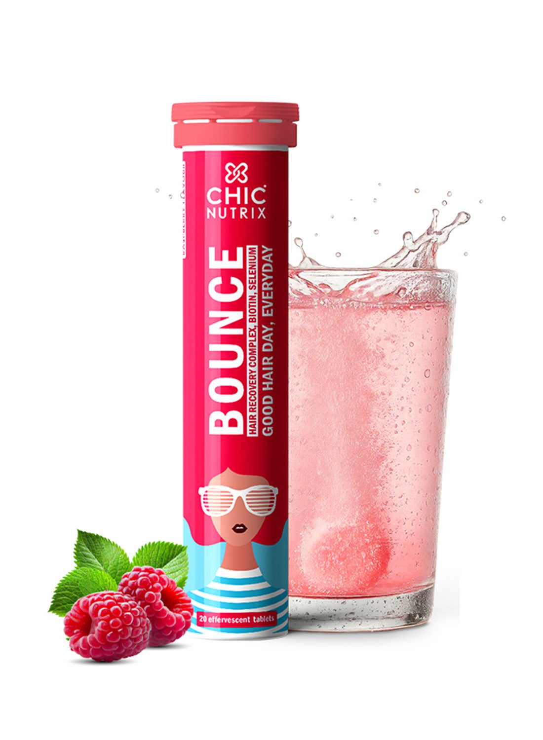 Bounce - Biotin and Keratin Booster for Hair Growth & Hair fall Control - 20 Effervescent Tablets, Raspberry Flavour