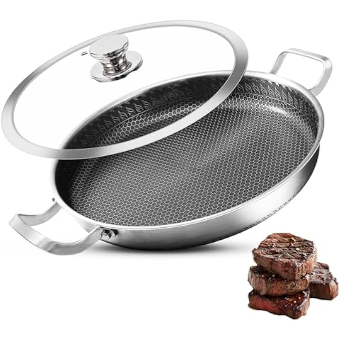 Stainless Steel Paella Pan 34Cm Paella Pan With Lid TriPly Nonstick Large Honeycomb Skillet Stainless Steel Cookware Induction Pan Skillets For Outdoors Camping Parties Cooking Pot - Image 2