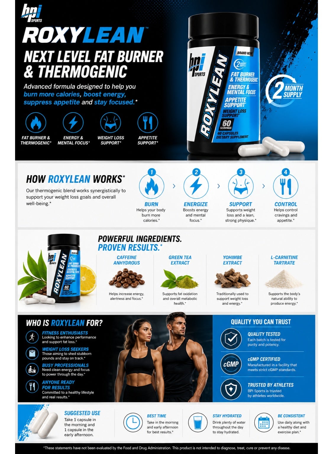 BPI Sports RoxyLean Fat Burner & Thermogenic Supplement, 60 Capsules, Energy & W