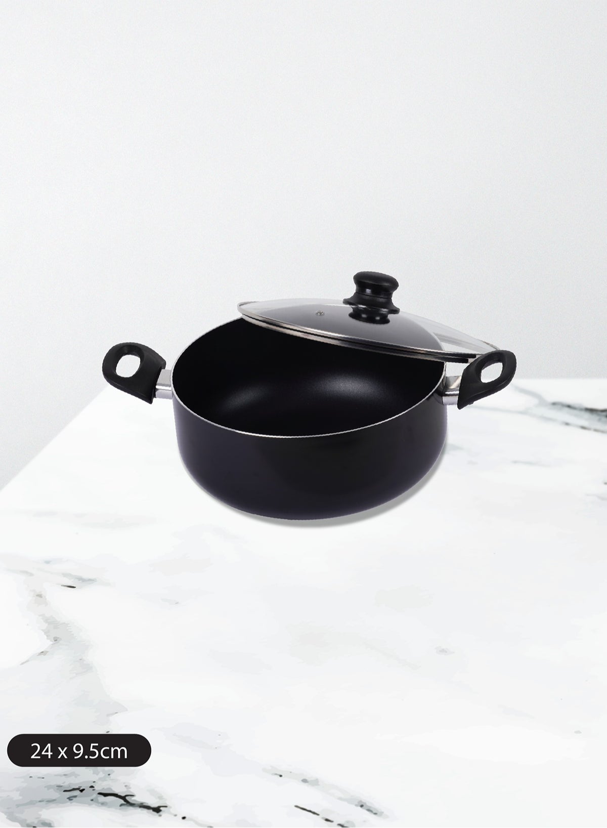 Pressed Aluminum Nonstick Casserole with Glass Lid and Induction Bottom , 24cm, Black with Shiny Finish - Image 2