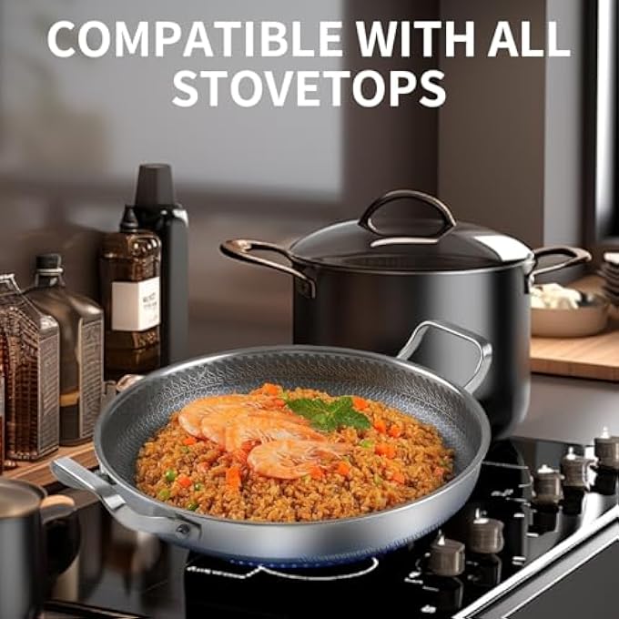 Stainless Steel Paella Pan 34Cm Paella Pan With Lid TriPly Nonstick Large Honeycomb Skillet Stainless Steel Cookware Induction Pan Skillets For Outdoors Camping Parties Cooking Pot - Image 5