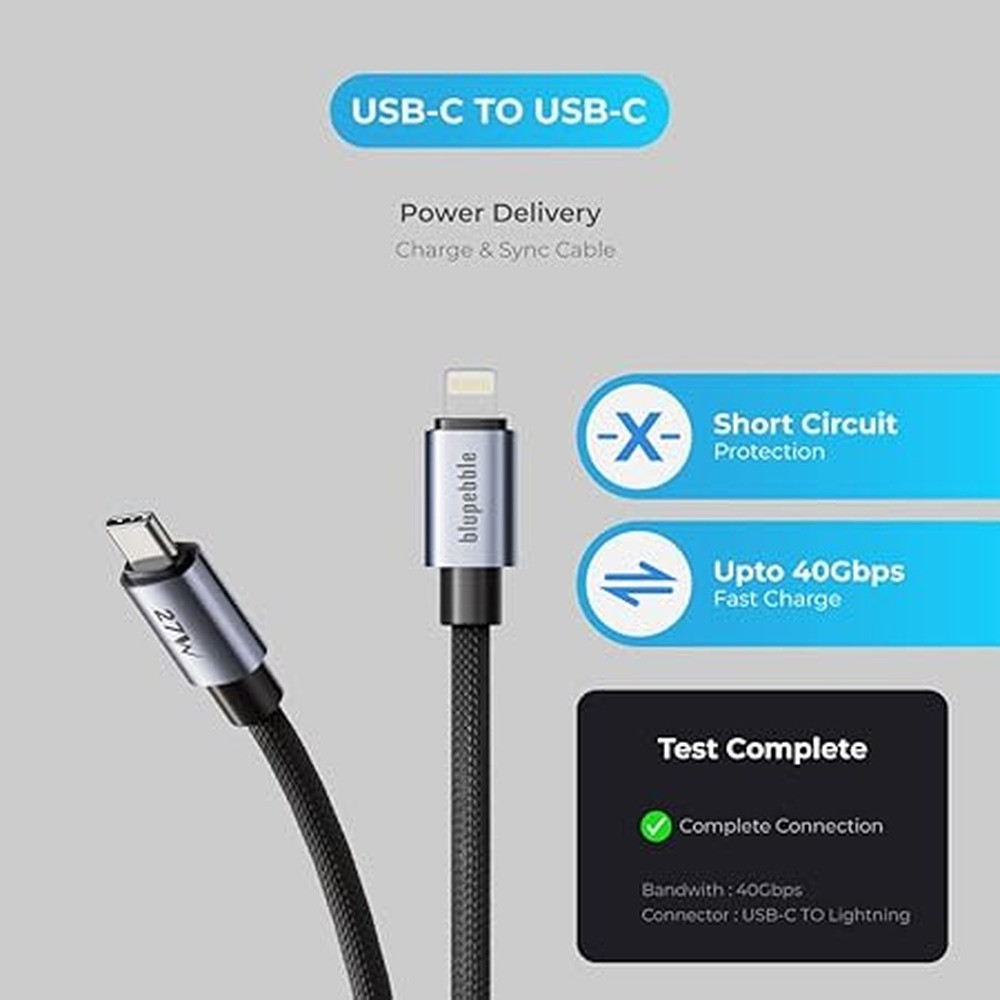 Blupebble PowerFlow 27W USB-C to Lightning Braided Cable 1.2 Metre - BP-PFUSBCL1.2BR27W-BK - Image 2