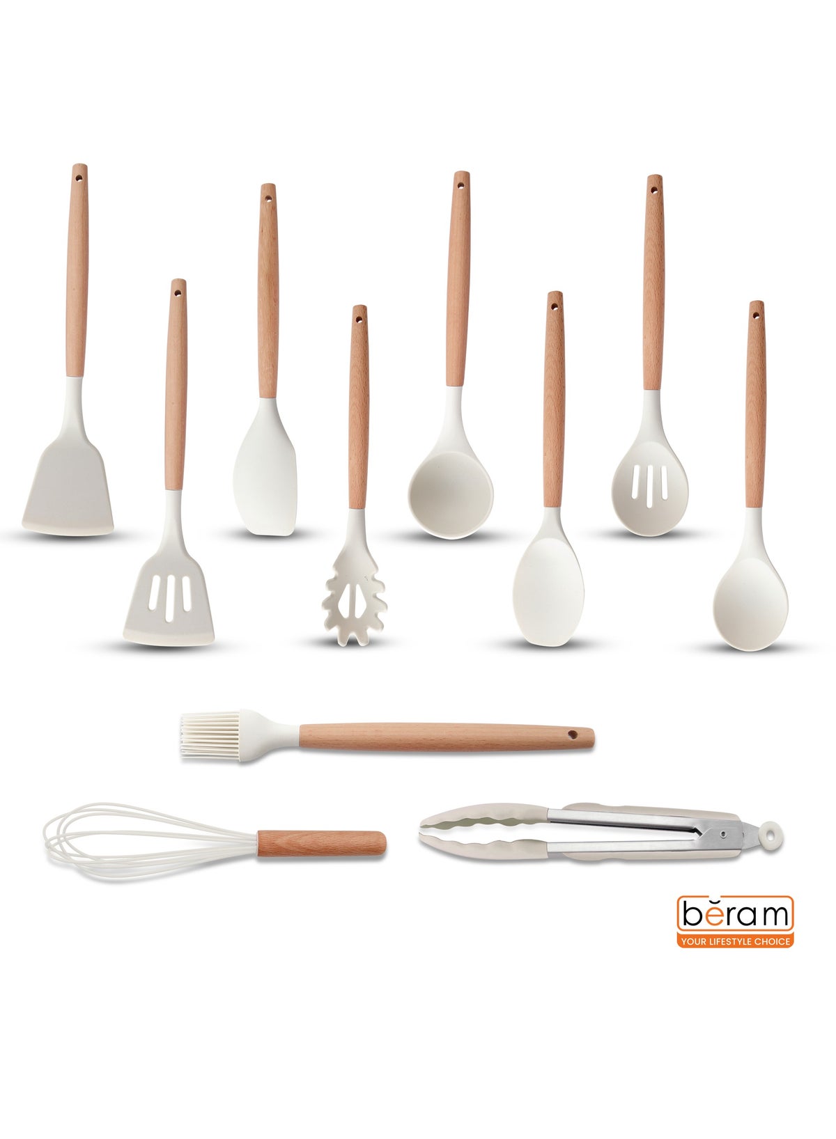 Beram 19 Pieces Knife Set for Kitchen, Cooking Utensils Set, Includes Tongs, Spoon, Spatula & Turner Made of Heat Resistant Food Grade Silicone and Wooden Handles, Non Stick Kitchen Knife Sets and Tools - Image 3