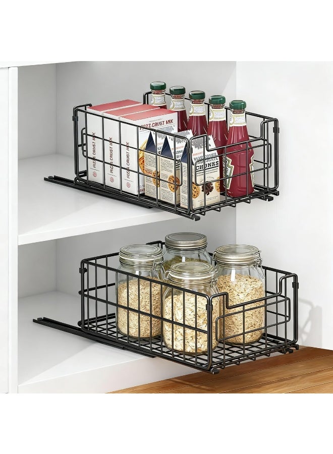 2 Pack Wire Storage Baskets, 35x21.5x17CM Foldable Pantry Organizers Bins and Mesh Storage Black Wire Basket with Handle, Freezer Storage Organiser for Shelf, Cabinets, Bathroom, Closets - Image 4