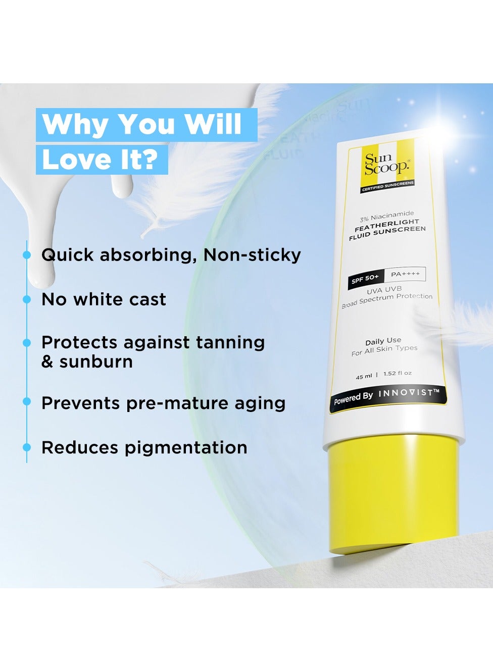 Lightweight Face Sunscreen SPF 50+ PA++++, 3% Niacinamide, Broad Spectrum UVA UVB, No White Cast, For Dry, Combination & Oily Skin - Image 3