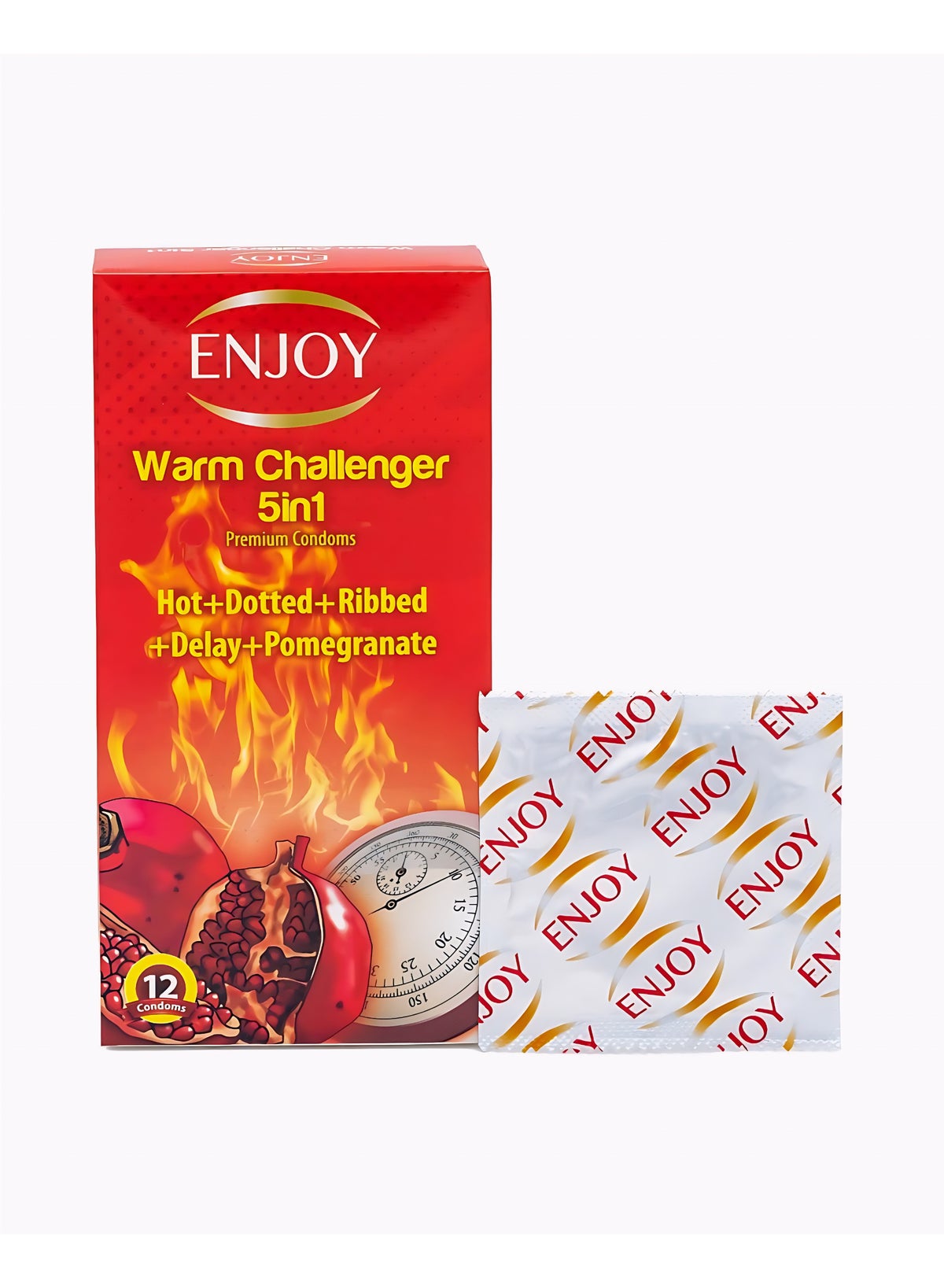 ENJOY Warm Challenger Condoms 5 in 1 | Premium Latex Condoms | Hot + Dotted + Ribbed + Delay + Pomegranate | Extra Sensation & Long-Lasting Pleasure | Large Size 52mm | Safe, Natural & Comfortable