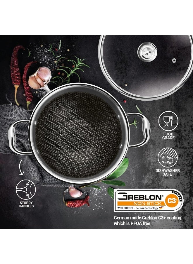 Pro Cook Triply Stainless Steel Kadhai 24 cm (2.9L)– Triply Hexa Tech Honey-Comb Nonstick Kadhai with Glass Lid, 3-Layer Cookware, Induction & Gas Stove Compatible, Easy to Clean – Silver - Image 4