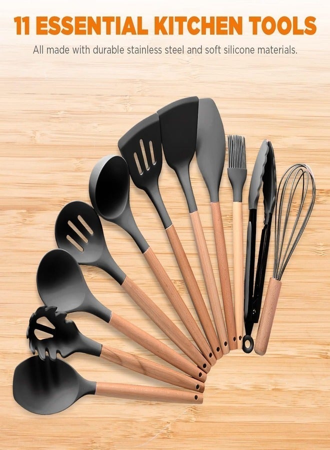 19-Piece Kitchen Knife Set & Silicone Cooking Utensil Set with Wooden Handles |