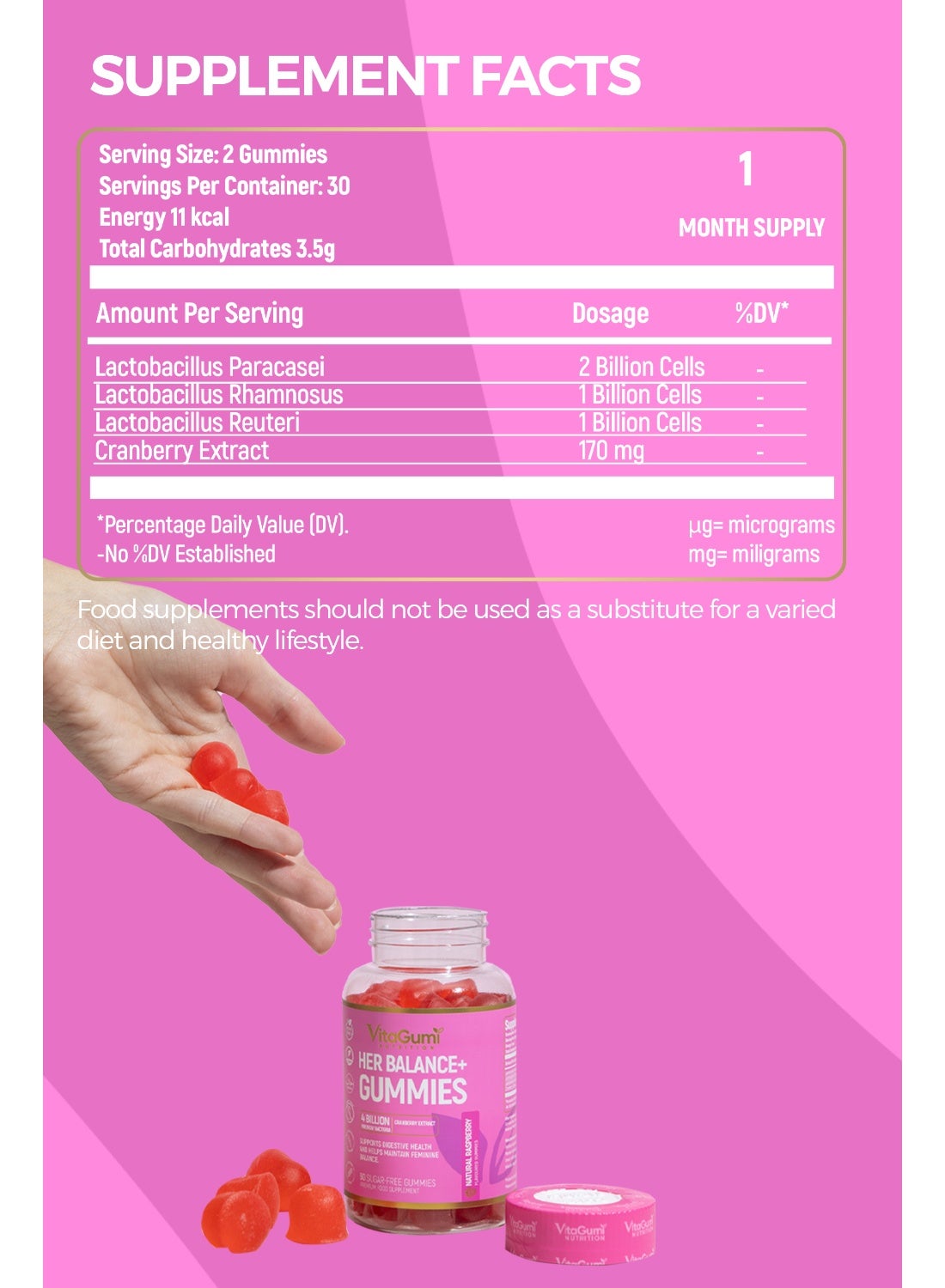 VitaGumi Nutrition HerBalance+ Gummies for Women | With 4 Billion CFU Probiotics & 170mg Cranberry Extract | Gut & Intimate Flora Support | 60 Vegan, Halal, Gluten-free Gummies | Delicious Natural Raspberry Flavour | 1 Month Supply - Image 4