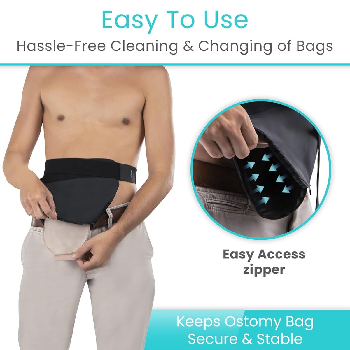 Vive Ostomy Belt for Men Women Adjustable Belt for Colostomy Ileostomy Urostomy Ostomy Supplies Waterproof Odorless Abdominal Bag Cover Stoma Guard Black - Image 5