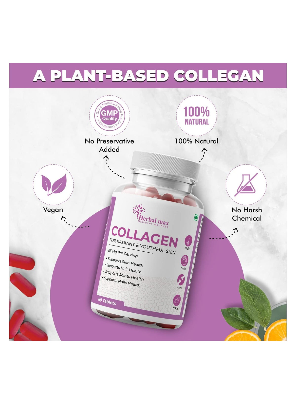 Herbal max Collagen 60 Tablets 800Mg - Supports Skin, Hair, Joints and Nail Health - Image 3