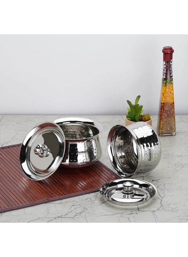Sumeet Stainless Steel Handcrafted Hammered Texture Handi Set with Lids – 2 Pieces (460ml & 650ml) for Kitchen, Durable & Corrosion-Resistant, Dishwasher Safe, Silver - Image 5