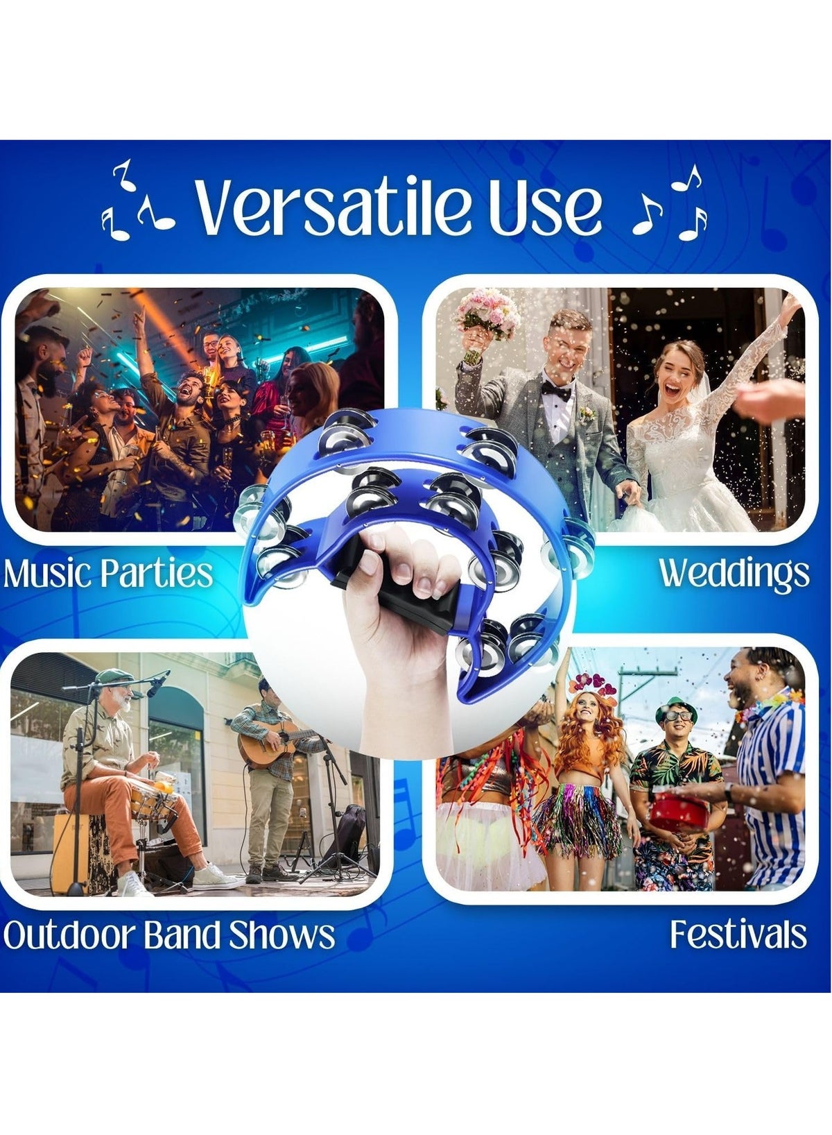 Megarya Half Moon Musical Tambourine (2 Pack, Blue) Double Row Metal Jingles Hand Held Percussion Drum with Ergonomic Handle Grip - Image 4