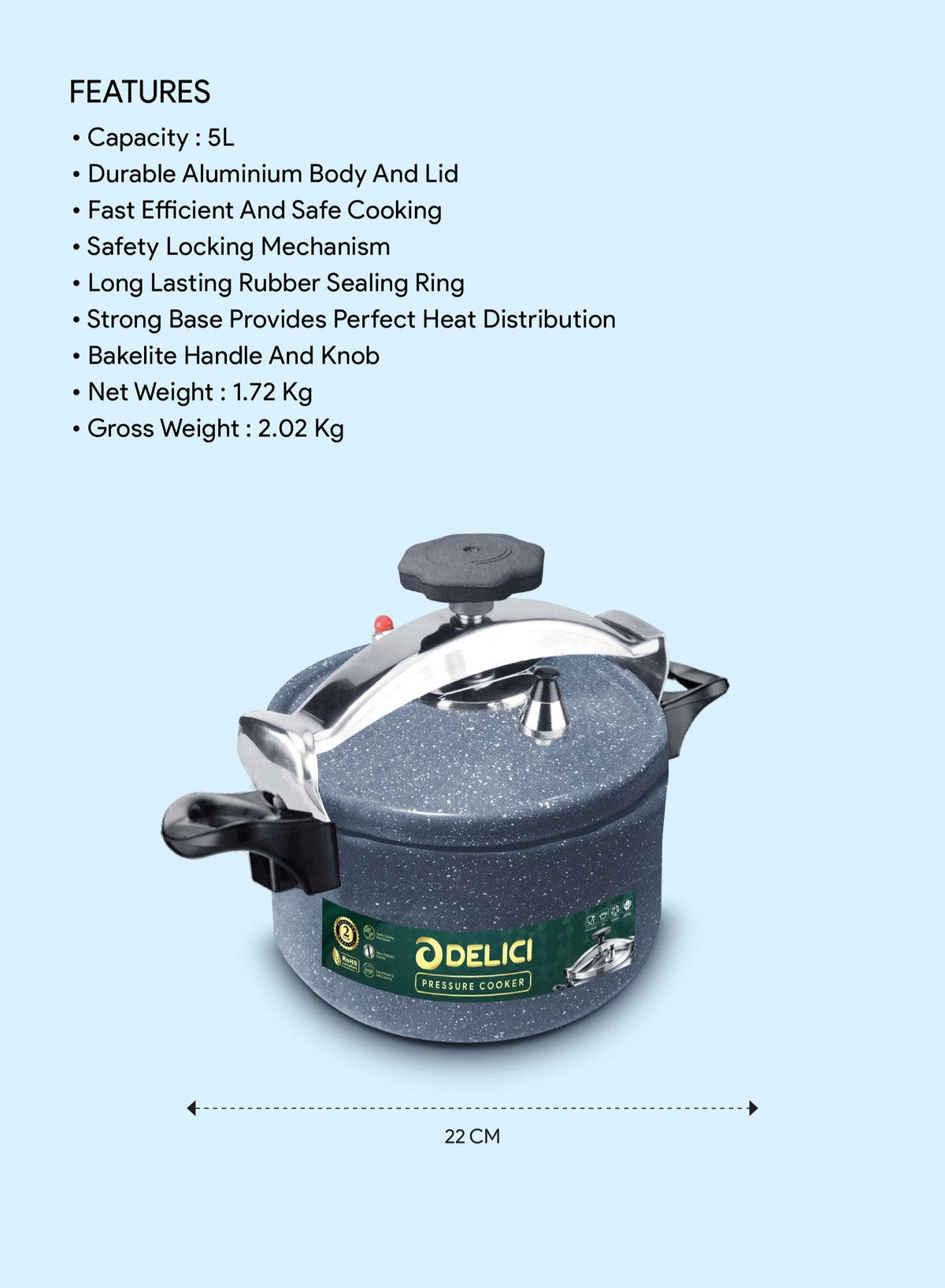 Aluminium Pressure Cooker 5 Litre (DPC 5G) – Heavy-Duty Durable Aluminum Body &