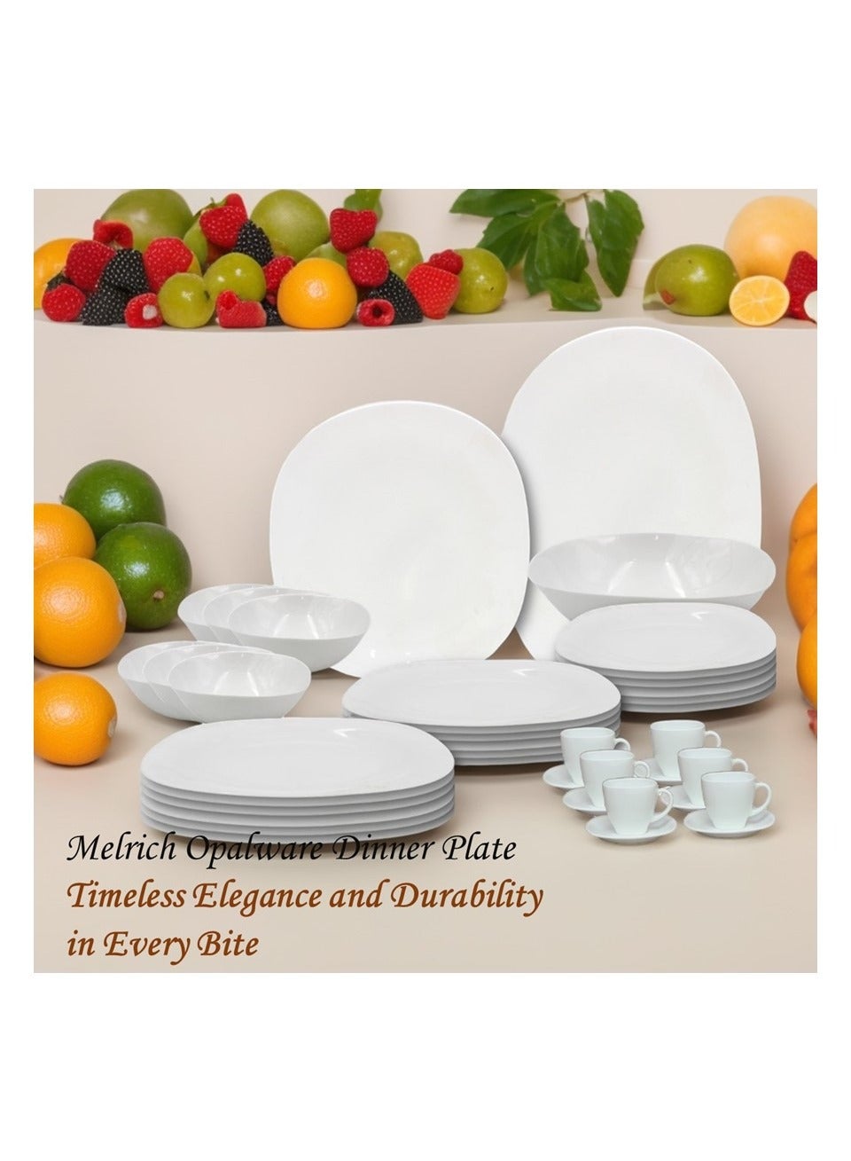 Melrich 38 Piece Opal ware Dinner Set 6 Dinner Plate 6 Dessert Plate 6 Soup Plate 6 Bowl 6 Cup 6 Saucer 1 Serving Plate 1 Serving Bowl Dishwasher Safe Microwave Safe - Image 2