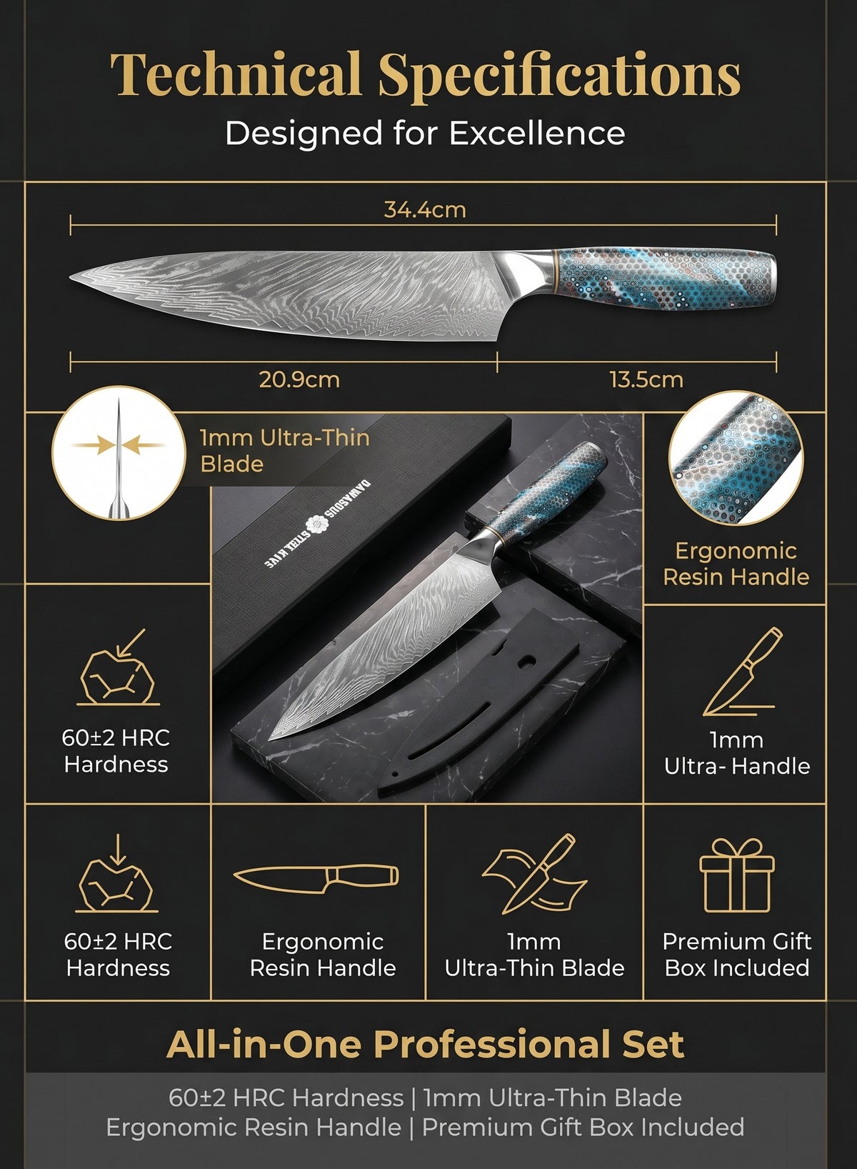 Japanese Damascus Chef Knife, Professional Kitchen Knife with Knife Cover - Image 3