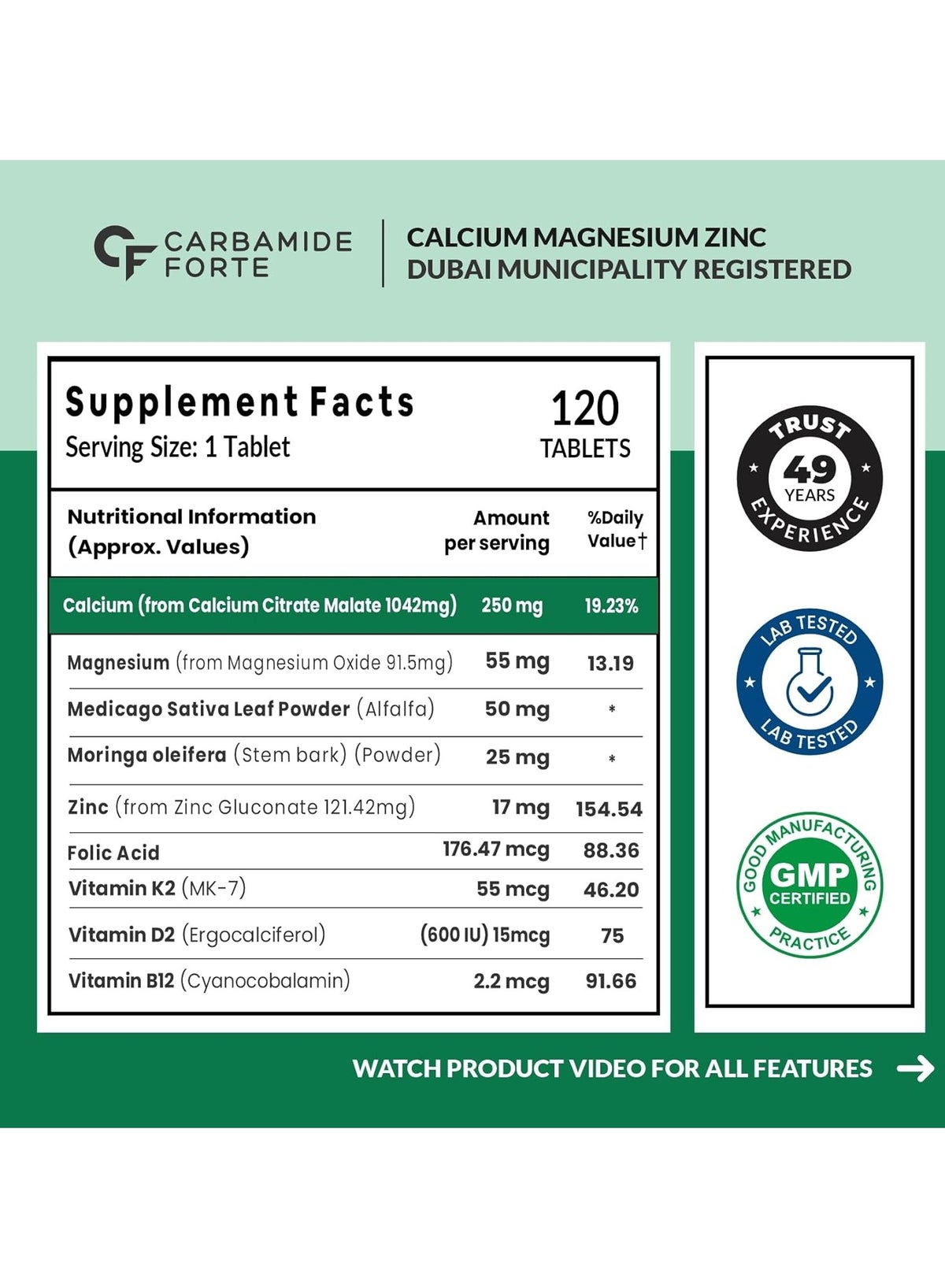 Calcium, Magnesium, Zinc + with Vitamin D,K2 & B12 |For Women & Men – 120 Veg Tablets - Image 2