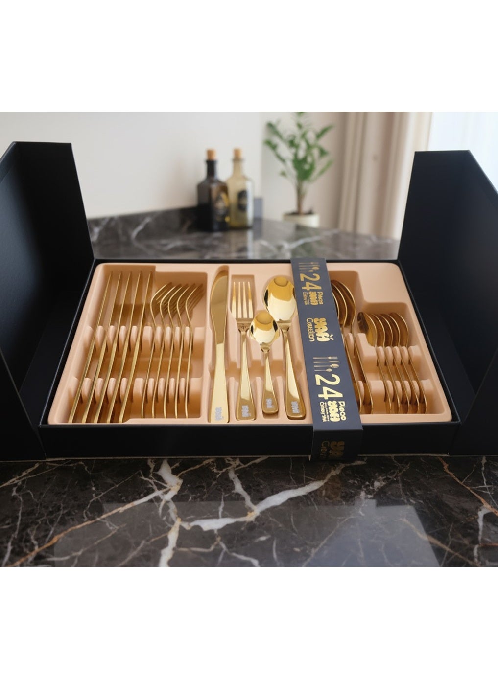 YAH Luxury 24-Piece Golden Stainless Steel Classic Cutlery Set – Mirror-Polished