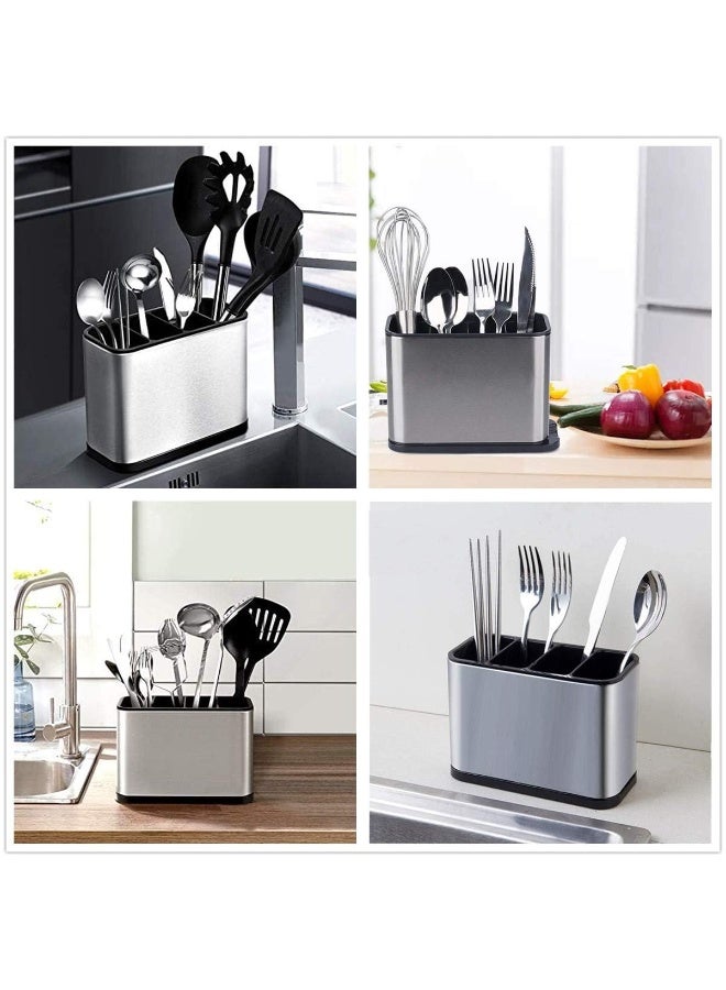 Kitchen Utensil Crock Holder 4 Divider Stainless Steel Kitchen Storage Organiser Cutlery Holder Anti Slip Water Draining Design Easy to Clean for All Kitchens Countertop - Image 4