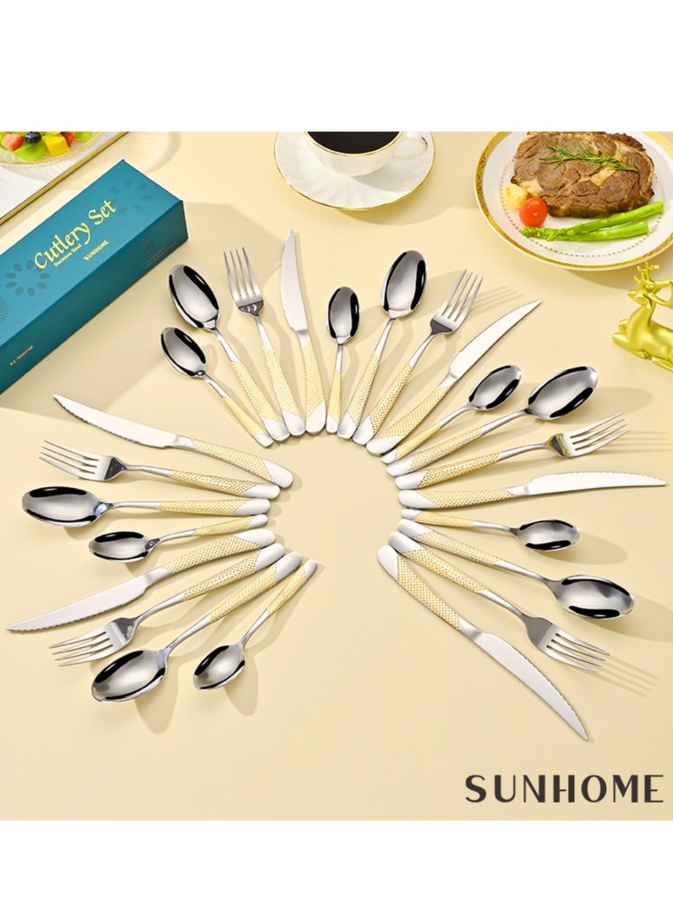 SUNHOME 24-Piece Stainless Steel Cutlery Set Kitchen Utensil Set Western Tableware Suitable For Home Kitchen Restaurant Hotel Party Dining Picnic Dining Exquisite Packaging Gift Gold - Image 5