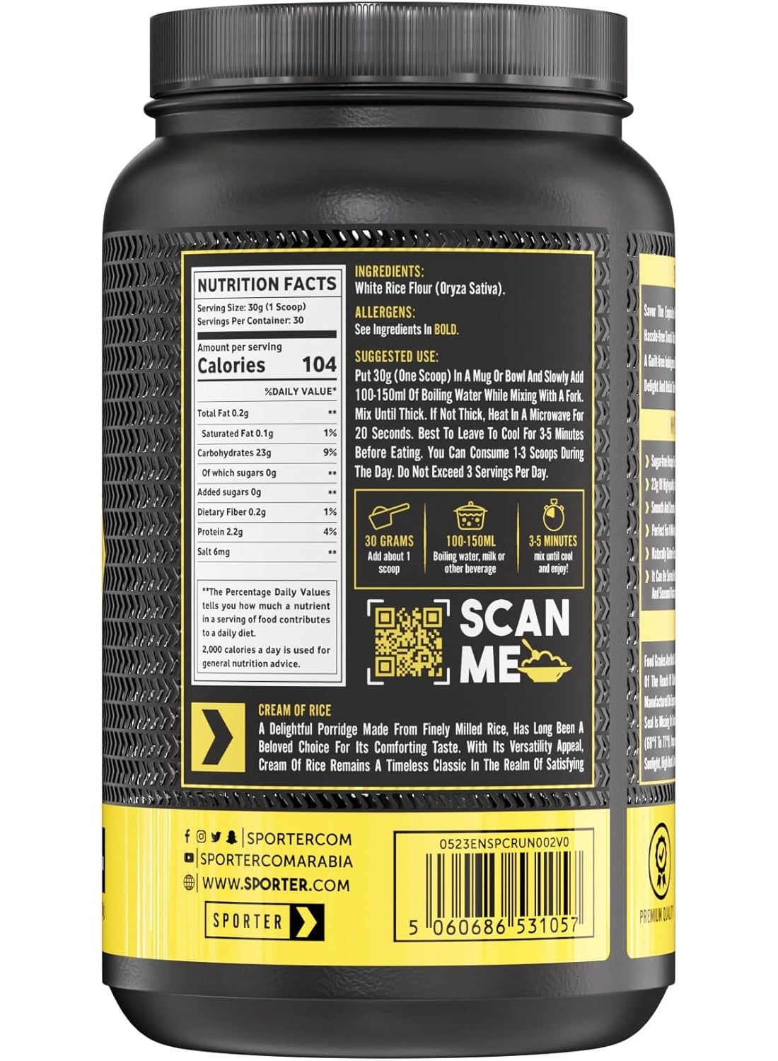 Sporter High Carbohydrate Cream of Rice Supplement - 900g, Source of Energy for Breakfast & Snacks, Easy to Digest, Low Sugar & Fat - Vegan - Unflavored - Image 2