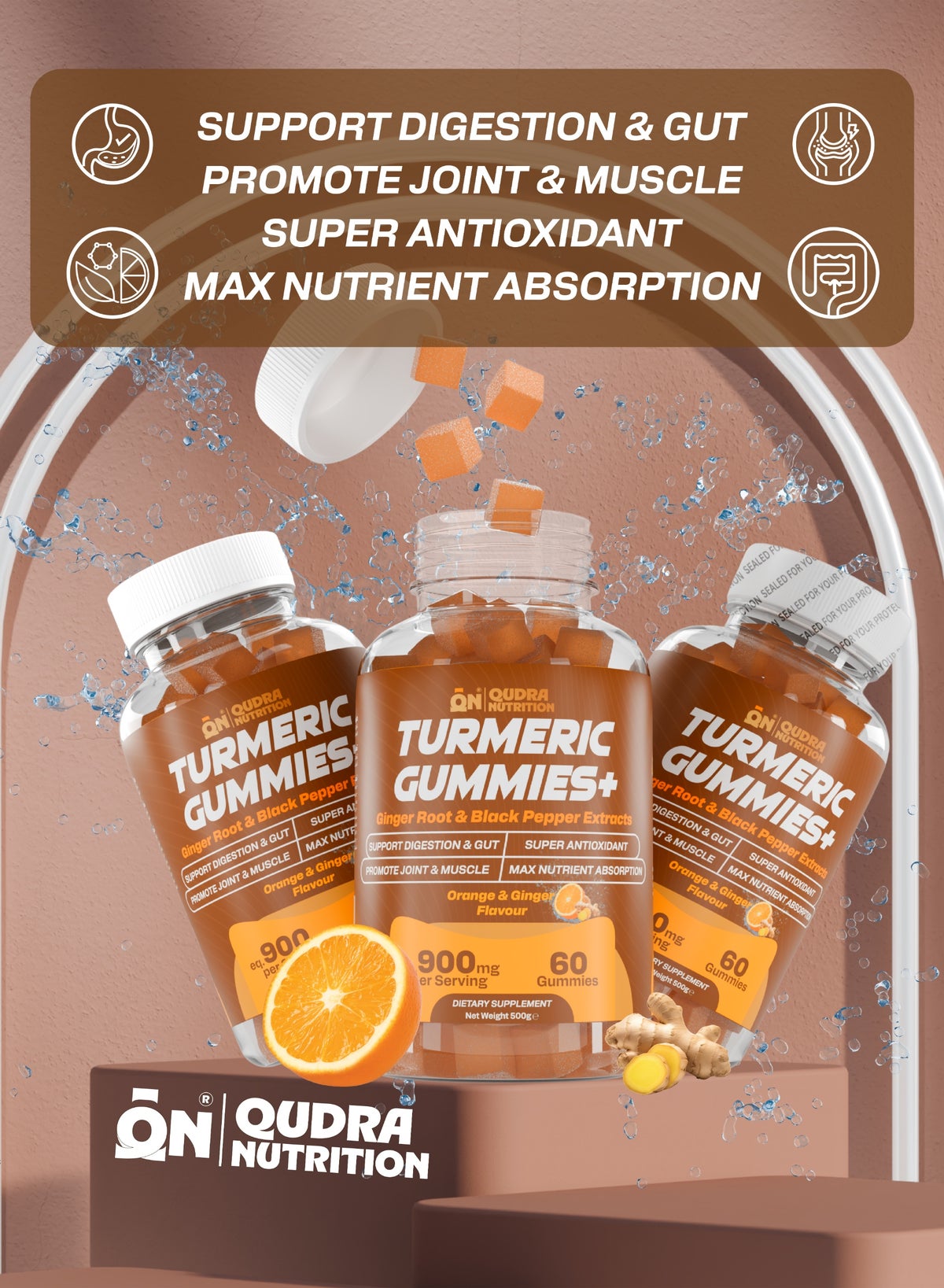 Turmeric Gummies + Ginger Root & Black Pepper Extracts High Strength eq.900mg, Support Digestion & Gut, Promote Joint & Muscle recovery, Super Antioxidant and Increase Nutrient Absorption (Vegan Orange and Ginger Flavour) UAE brand - Image 3