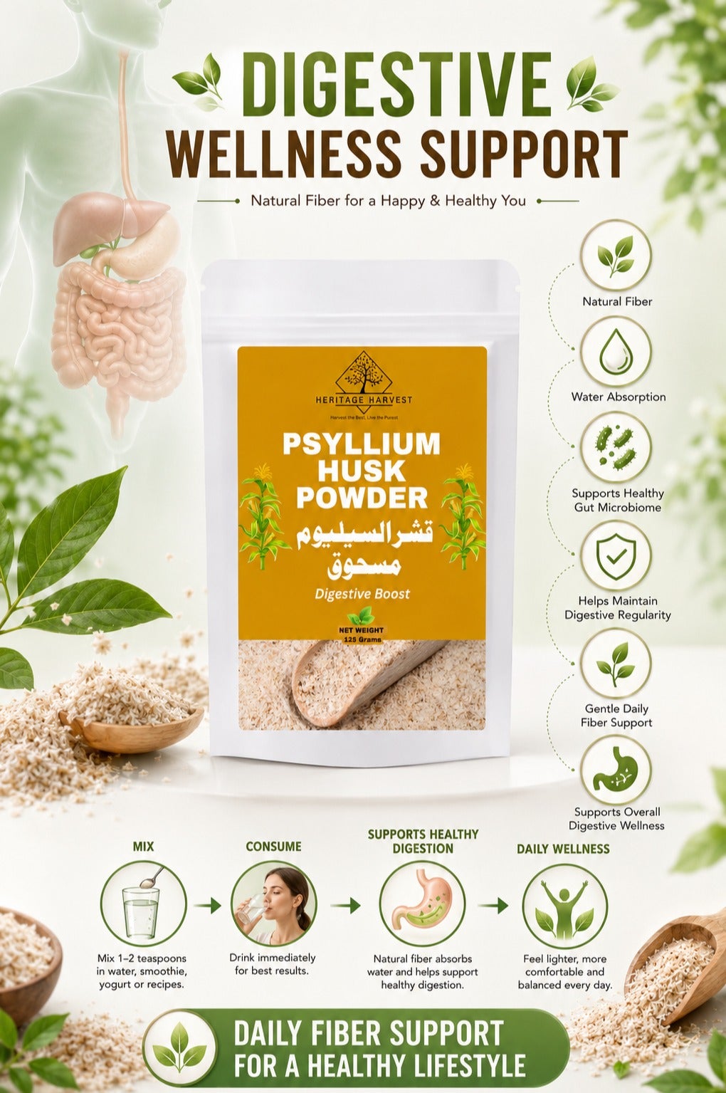 Premium Psyllium Husk Powder for Digestive Health | Natural Fiber Supplement for Gut Wellness, Weight Loss & Healthy Digestion - Image 3