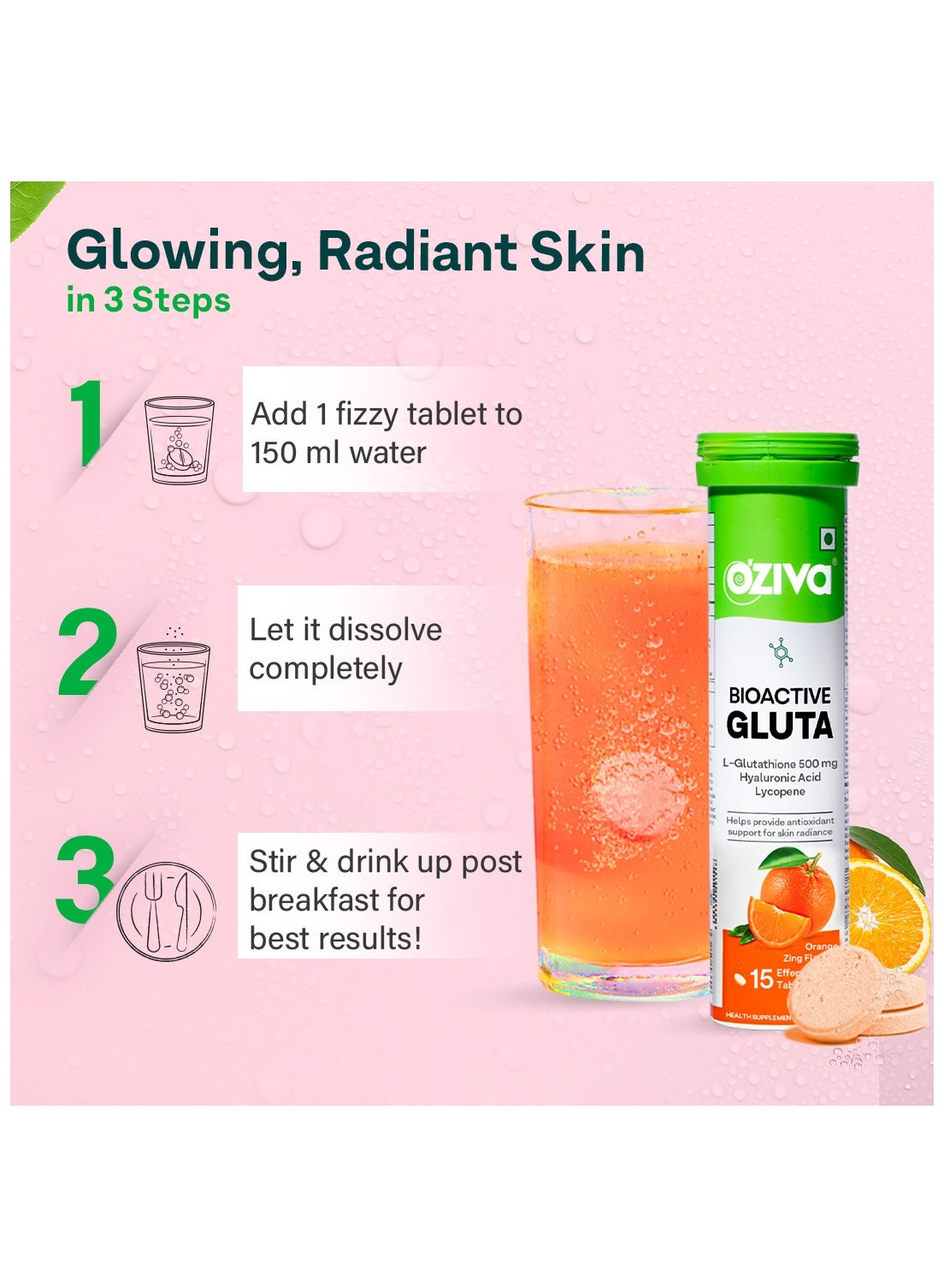 OZiva Bioactive Gluta Fizzy-5 Potent Antioxidants | Glutathione tablets For Skin Radiance & Glow | With Hyaluronic Acid, Lycopene, Astaxanthin - Orange zing, Pack of 2 (30 Tablets) - Image 5