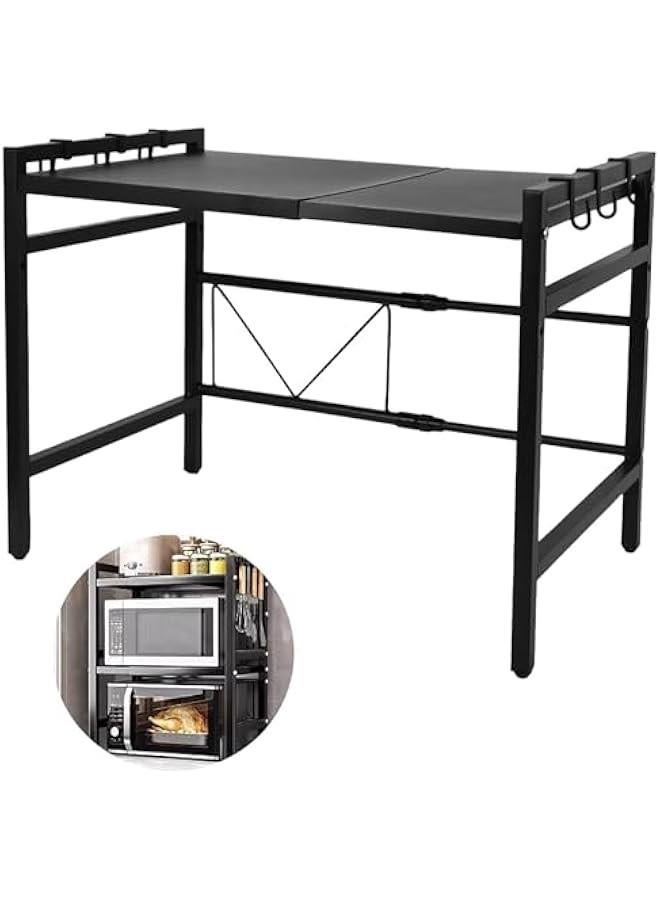 Extendable Microwave Shelf, Adjustable Toaster Oven Rack Kitchen Counter Top Organizer Stand, 2-Tier with 6 Hooks,198 lbs Weight Capacity, Black - Image 3