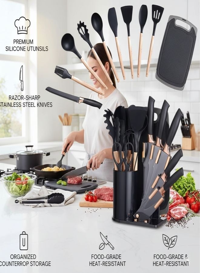 19-Piece Kitchen Knife Set & Silicone Cooking Utensil Set with Wooden Handles | Non-Stick Heat Resistant Kitchen Tools, Chef Knives, Cutting Board, Utensil Holder & Knife Block Organizer - Image 5
