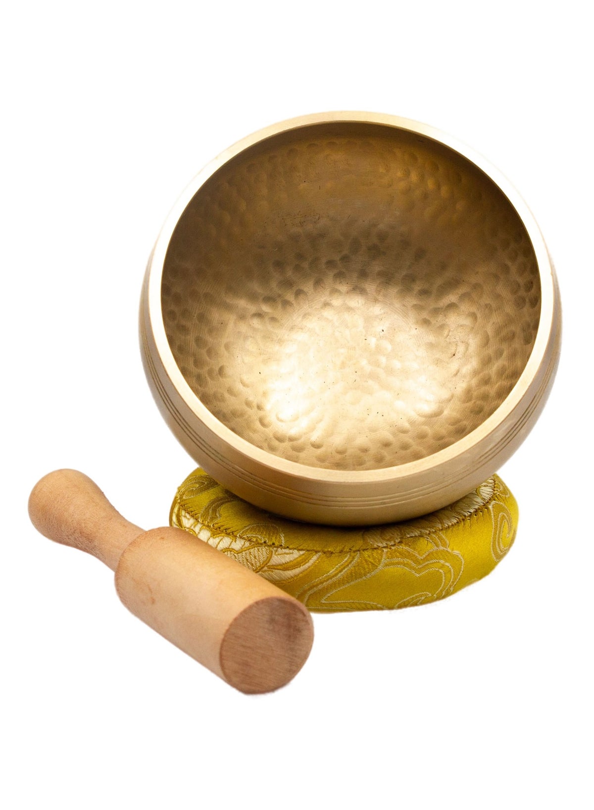 Authentic Himalayan Pure Golden Shinning Singing Bowl Single Set Handcrafted in Nepal Medium (455 grams) Includes Traditional Wooden Striker and Silk Cushion