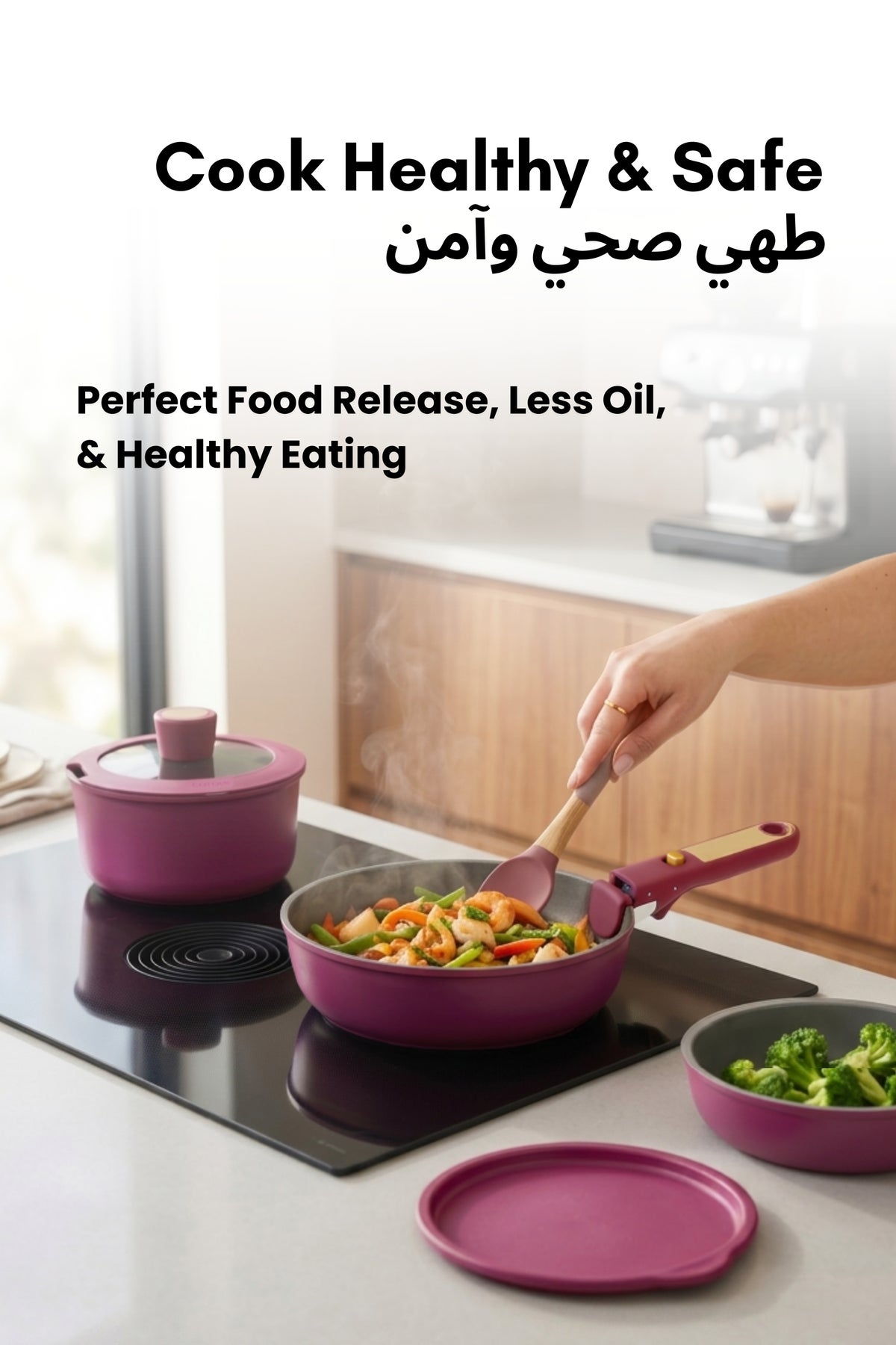 Carote 6-Piece Ceramic Cookware Set with Detachable Handle, Stackable Frying Pan