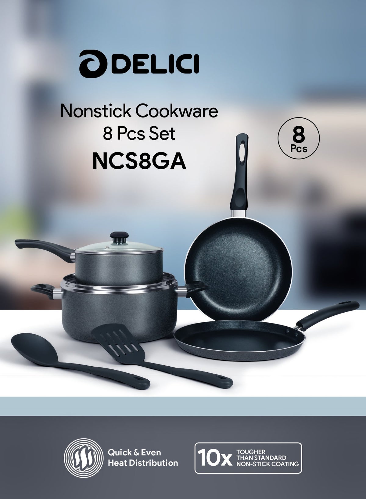 8 Pcs Nonstick Cookware Set with 10X Tougher Coating, Quick Heat Distribution, Hot Plate, Halogen, Gas, Electric, Ceramic, Induction Compatible – Includes 24cm Saucepan with Glass Lid, 24cm Frypan, 26cm Tawa Pan, 18cm Milk Pan, and 2 Nylon Turners - NCS8GA