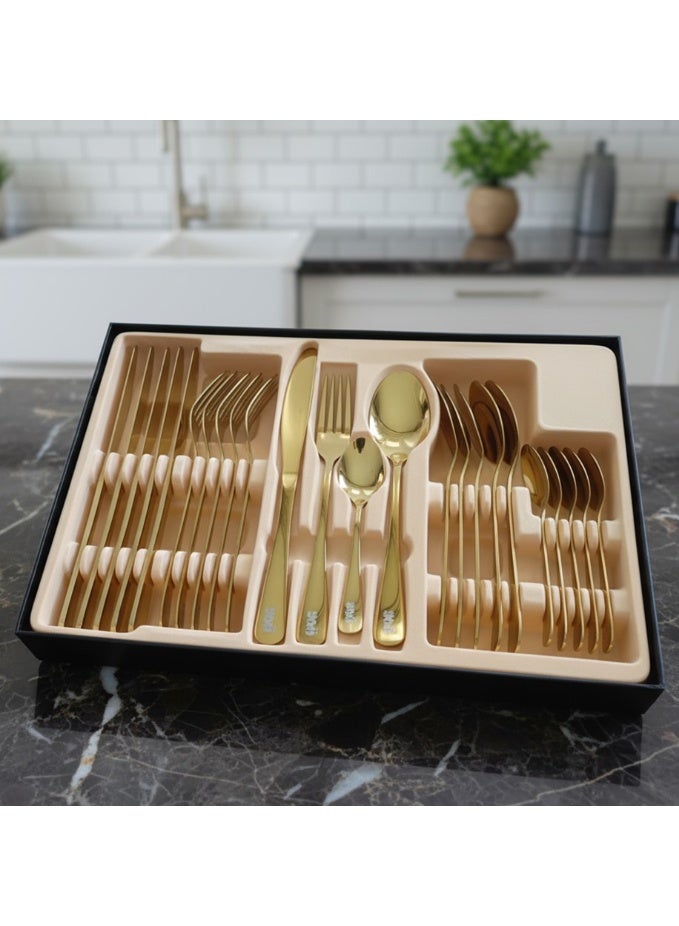 YAH Luxury 24-Piece Golden Stainless Steel Classic Cutlery Set – Mirror-Polished