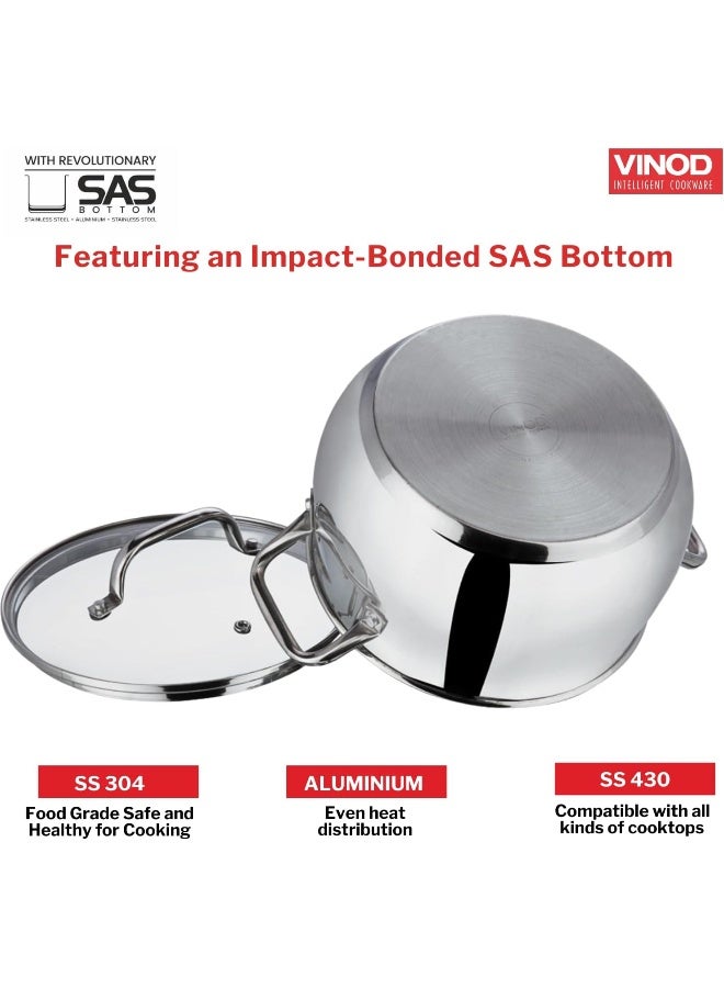 Almaty Stainless Steel Saucepot with Glass Lid, 2 Litre, 16 cm | 2.6mm Thick SAS